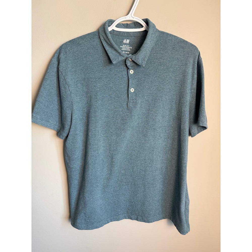 H&M Mens Slim Fit Short Sleeve Polo Shirt L Turquoise Grey Casual Preppy School
